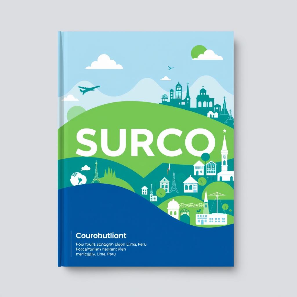 Cover design for a local tourism development plan for Surco municipality in Lima, Peru, featuring a harmonious blend of blue, green, and white colors