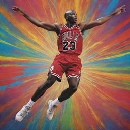 An image of Michael Jordan in his iconic jump pose, transformed into a contemporary piece of art with vibrant colors and abstract patterns.