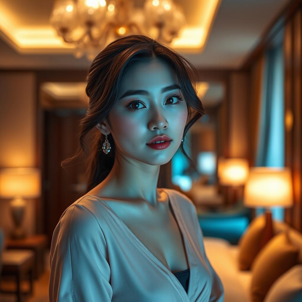 Beautiful and elegant Korean woman, aged 35-45, in a luxurious hotel room with ambient lighting