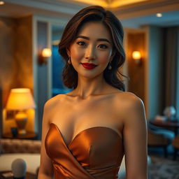 Beautiful and elegant Korean woman, aged 35-45, in a luxurious hotel room with ambient lighting