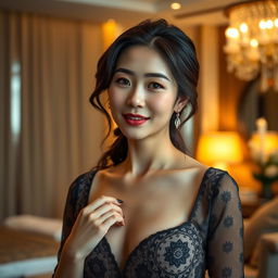 Beautiful and elegant Korean woman, aged 35-45, in a luxurious hotel room with ambient lighting