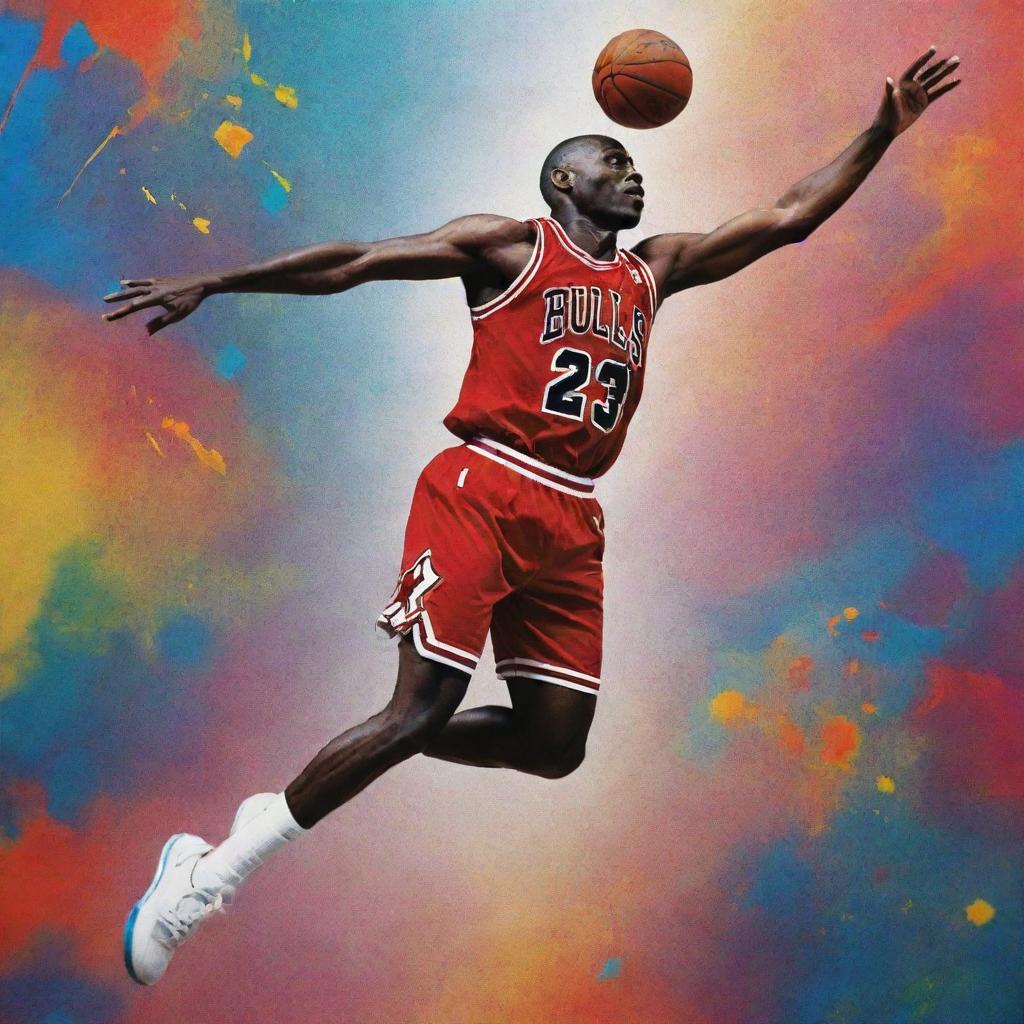 An image of Michael Jordan in his iconic jump pose, transformed into a contemporary piece of art with vibrant colors and abstract patterns.