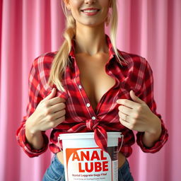 close-up on chest, torso shot, a gorgeous female with a blonde ponytail, wearing a red plaid button-up shirt tied in front, accentuating her large chest and cleavage