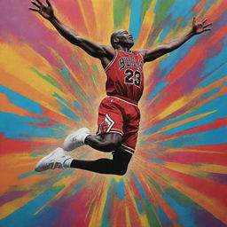 An image of Michael Jordan in his iconic jump pose, transformed into a contemporary piece of art with vibrant colors and abstract patterns.