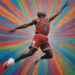 An image of Michael Jordan in his iconic jump pose, transformed into a contemporary piece of art with vibrant colors and abstract patterns.