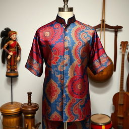 A vibrant, traditional Indonesian baju (clothing) design featuring intricate batik patterns in vivid colors such as deep blue, rich red, and gold