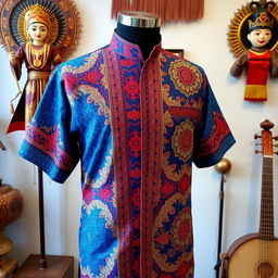 A vibrant, traditional Indonesian baju (clothing) design featuring intricate batik patterns in vivid colors such as deep blue, rich red, and gold