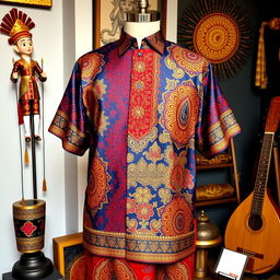 A vibrant, traditional Indonesian baju (clothing) design featuring intricate batik patterns in vivid colors such as deep blue, rich red, and gold