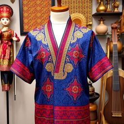 A vibrant, traditional Indonesian baju (clothing) design featuring intricate batik patterns in vivid colors such as deep blue, rich red, and gold