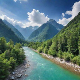 A pristine and flourishing landscape consisting of majestic mountains, lush green forests, a crystal clear river and a vibrant sky filled with puffy white clouds.