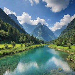 A pristine and flourishing landscape consisting of majestic mountains, lush green forests, a crystal clear river and a vibrant sky filled with puffy white clouds.