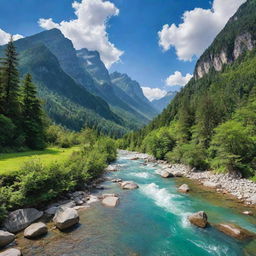 A pristine and flourishing landscape consisting of majestic mountains, lush green forests, a crystal clear river and a vibrant sky filled with puffy white clouds.