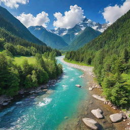 A pristine and flourishing landscape consisting of majestic mountains, lush green forests, a crystal clear river and a vibrant sky filled with puffy white clouds.