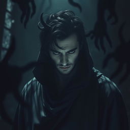 A male sorcerer consumed by shadows, displaying a lost expression