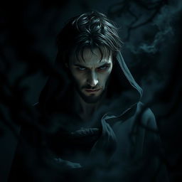 A male sorcerer consumed by shadows, displaying a lost expression