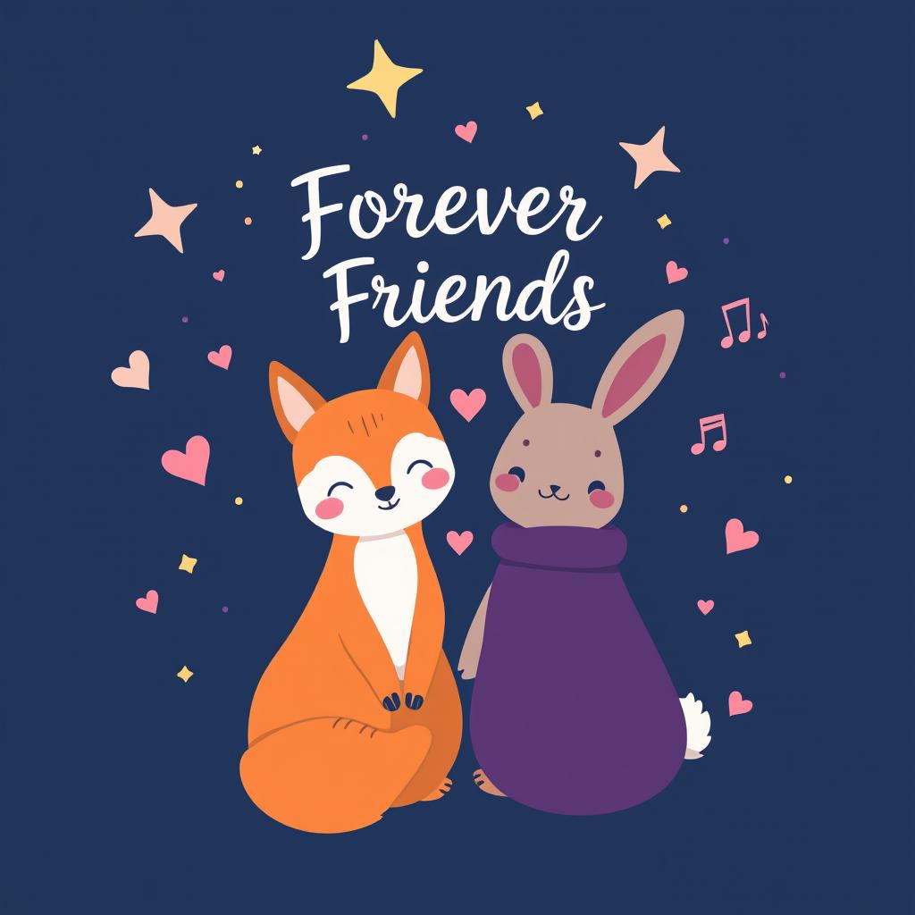 A friendship-themed t-shirt design featuring two adorable cartoon animals, like a fox and a rabbit, sitting together under a starry night sky