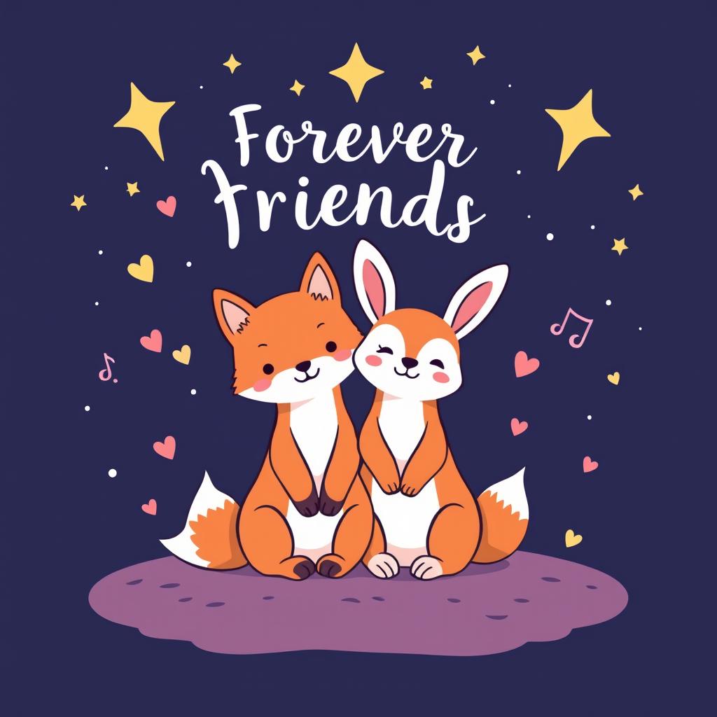 A friendship-themed t-shirt design featuring two adorable cartoon animals, like a fox and a rabbit, sitting together under a starry night sky