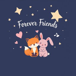 A friendship-themed t-shirt design featuring two adorable cartoon animals, like a fox and a rabbit, sitting together under a starry night sky