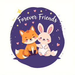 A friendship-themed t-shirt design featuring two adorable cartoon animals, like a fox and a rabbit, sitting together under a starry night sky