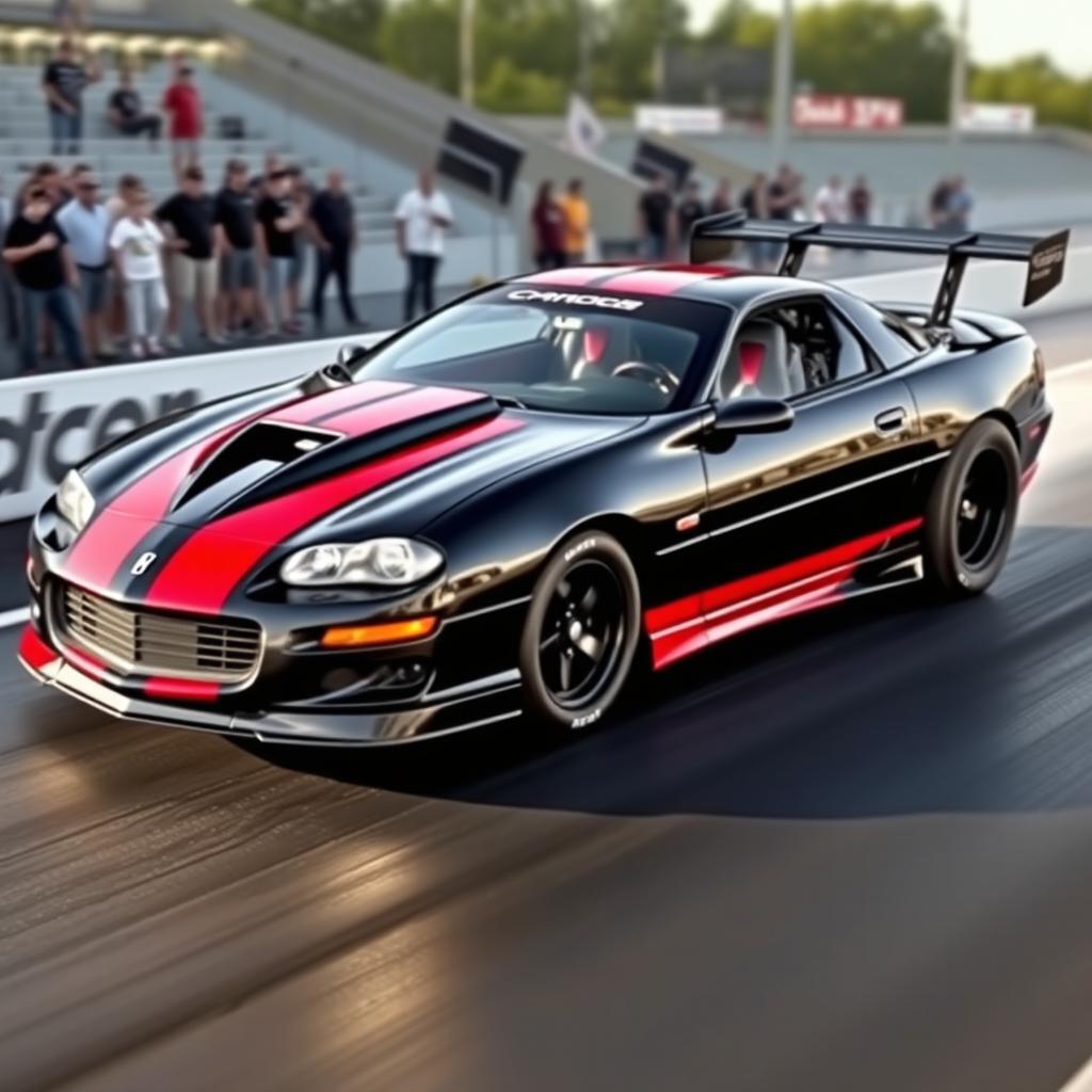 A 2002 Camaro Z28 SS transformed into a drag car, exuding power and speed