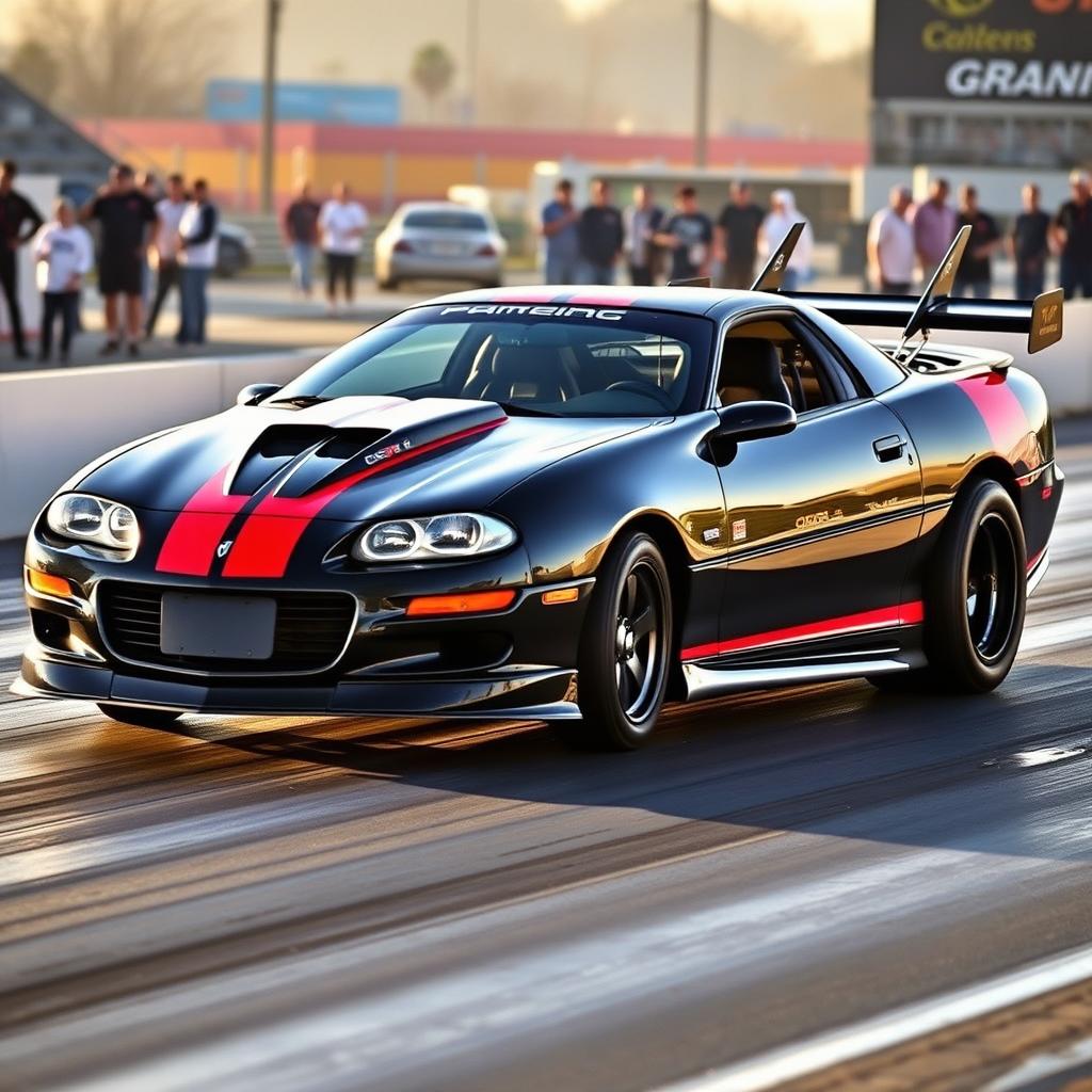 A 2002 Camaro Z28 SS transformed into a drag car, exuding power and speed