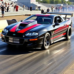 A 2002 Camaro Z28 SS transformed into a drag car, exuding power and speed