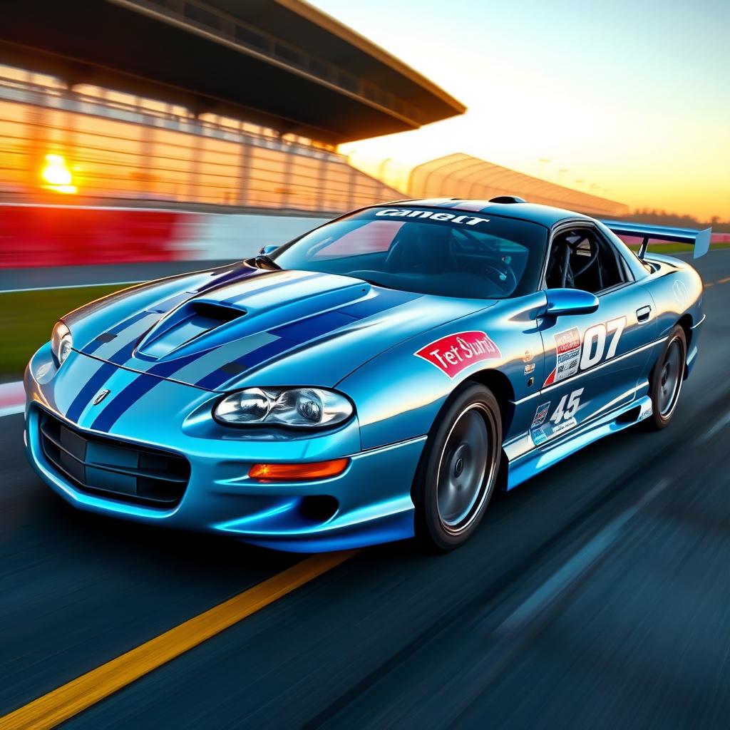 A dynamic scene featuring a 2002 Camaro Z28 SS racecar on a racing track