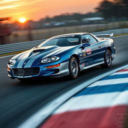 A dynamic scene featuring a 2002 Camaro Z28 SS racecar on a racing track