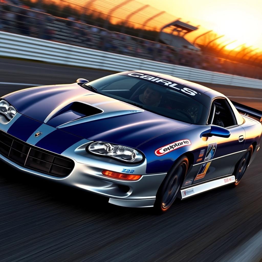 A dynamic scene featuring a 2002 Camaro Z28 SS racecar on a racing track