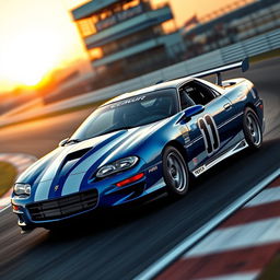 A dynamic scene featuring a 2002 Camaro Z28 SS racecar on a racing track