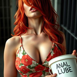 close-up of a gorgeous female with striking red hair, wearing a floral pattern sundress that accentuates her large chest and cleavage