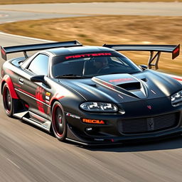 A modified 2002 Camaro Z28 SS racecar with aggressive aerodynamic parts, poised on a race track