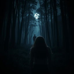 A dramatic and atmospheric forest scene where a 16-year-old girl is depicted from behind, her face hidden from view