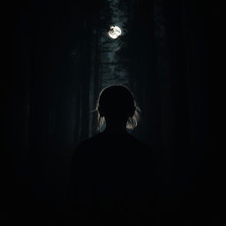 A dramatic and atmospheric forest scene where a 16-year-old girl is depicted from behind, her face hidden from view