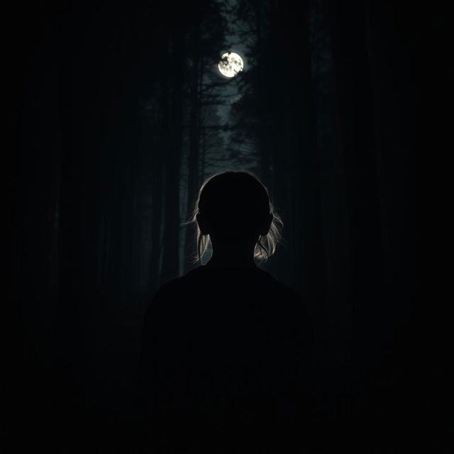 A dramatic and atmospheric forest scene where a 16-year-old girl is depicted from behind, her face hidden from view