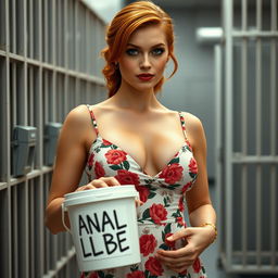 close-up shot of a gorgeous female redhead with a large chest in a floral pattern sundress, showcasing cleavage, holding a bucket labeled "ANAL LUBE"