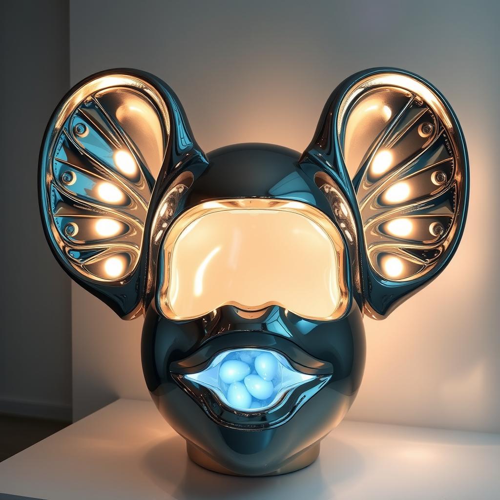 a combined installation sculpture featuring ears and a mouth integrated with built-in breathing lights