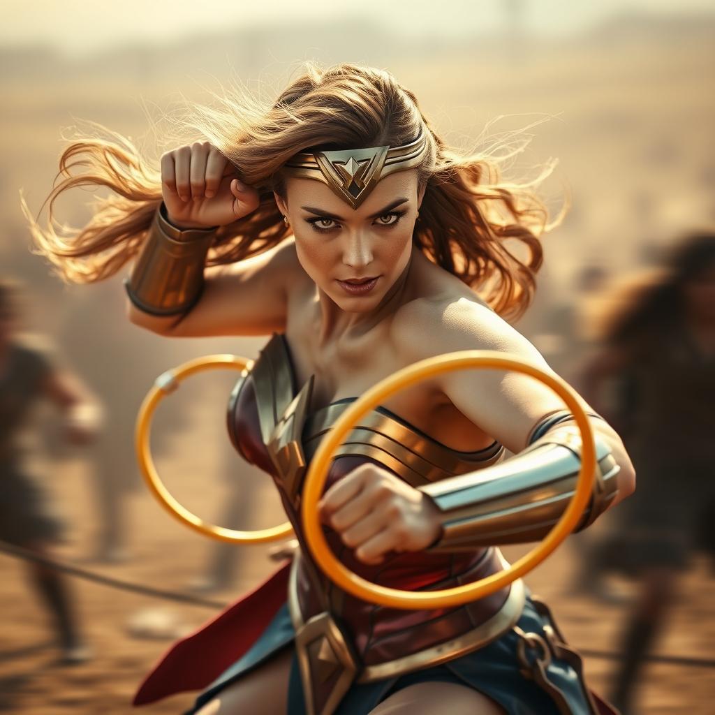 A dynamic and action-packed scene featuring a woman resembling Margot Robbie dressed as Wonder Woman in the classic red, blue and gold armor