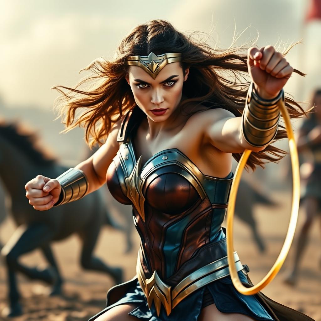 A dynamic and action-packed scene featuring a woman resembling Margot Robbie dressed as Wonder Woman in the classic red, blue and gold armor