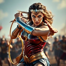 A dynamic and action-packed scene featuring a woman resembling Margot Robbie dressed as Wonder Woman in the classic red, blue and gold armor