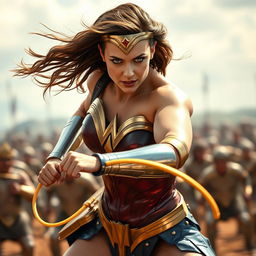 A dynamic and action-packed scene featuring a woman resembling Margot Robbie dressed as Wonder Woman in the classic red, blue and gold armor