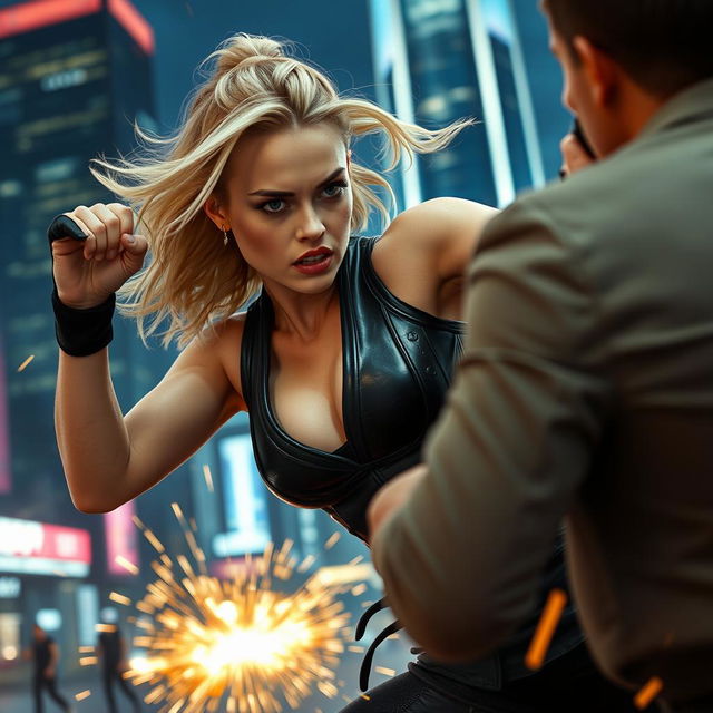 Margot Robbie in an intense action scene, showcasing dynamic martial arts moves