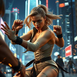 Margot Robbie in an intense action scene, showcasing dynamic martial arts moves