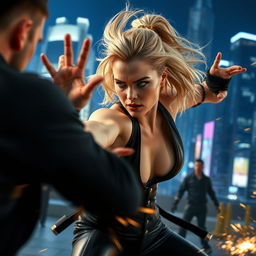 Margot Robbie in an intense action scene, showcasing dynamic martial arts moves