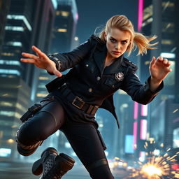 Margot Robbie dressed as a police officer, engaging in an intense action scene, showcasing dynamic martial arts moves