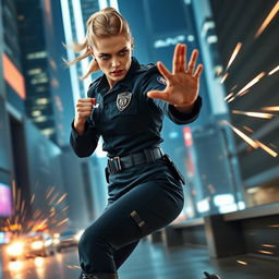 Margot Robbie dressed as a police officer, engaging in an intense action scene, showcasing dynamic martial arts moves