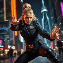 Margot Robbie dressed as a police officer, engaging in an intense action scene, showcasing dynamic martial arts moves