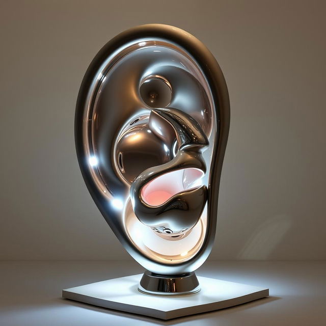 a combined installation sculpture featuring the basic shape of a human ear with a mouth uniquely crafted inside it