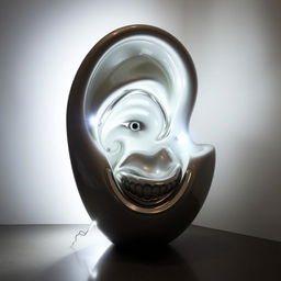 a combined installation sculpture featuring the basic shape of a human ear with a mouth uniquely crafted inside it