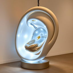 a combined installation sculpture featuring the basic shape of a human ear with a mouth uniquely crafted inside it